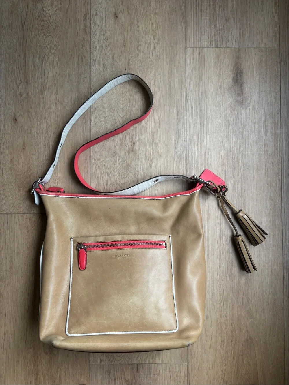 Coach Legacy Tan Leather Crossbody Bag with Coral Trim Purse